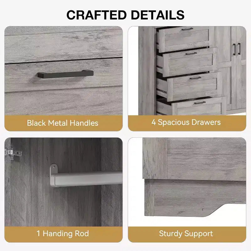 Double-Door 4-Drawer Wardrobe with Storage Shelves – Gray