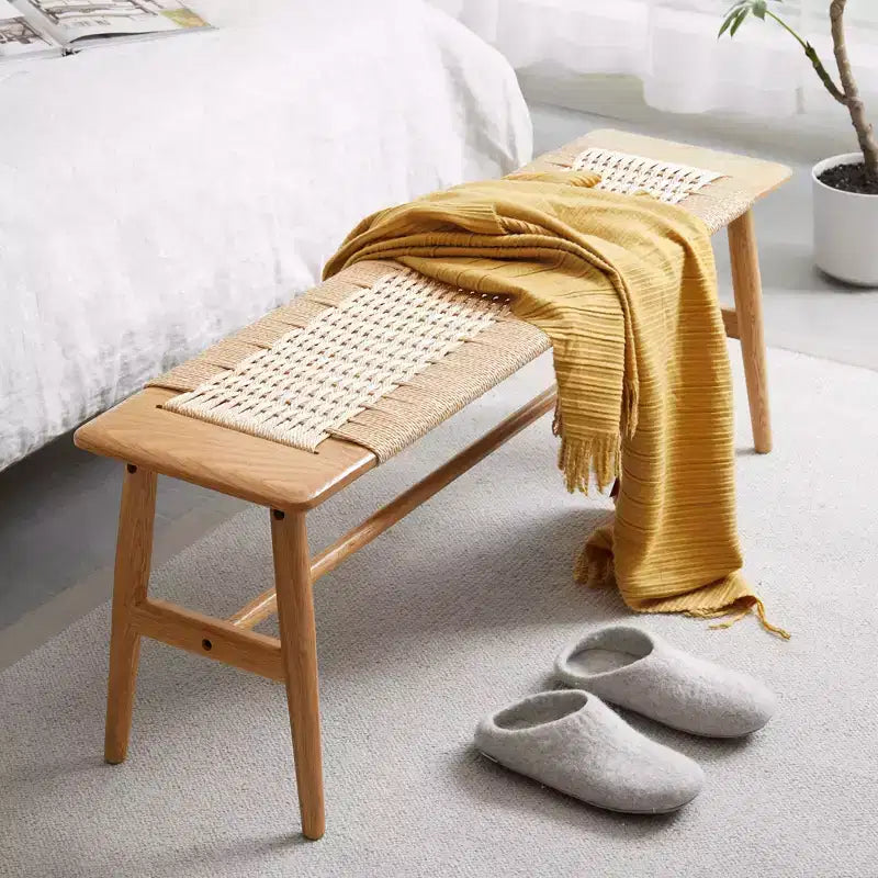 Solid Oak Wood Bench with Handwoven Cane Seat – Dining Room, Bedroom & Entryway