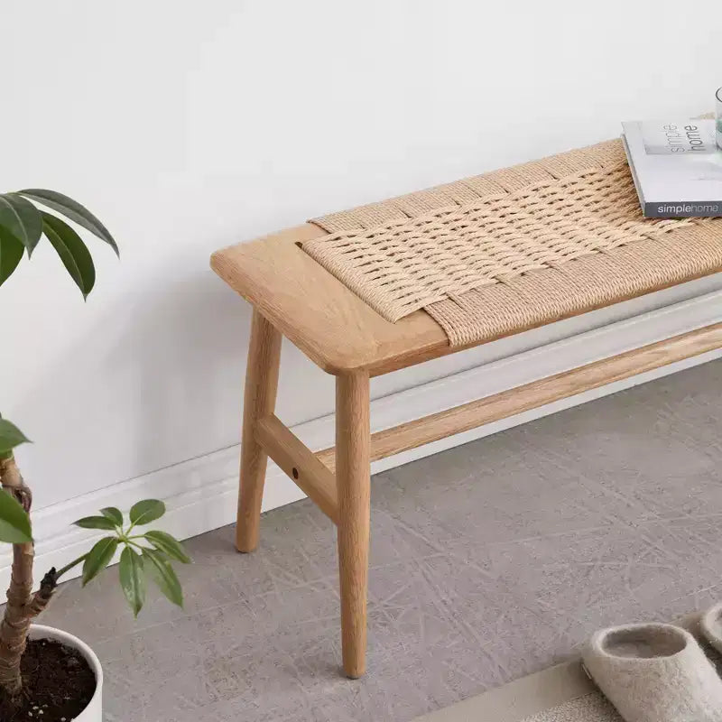 Solid Oak Wood Bench with Handwoven Cane Seat – Dining Room, Bedroom & Entryway