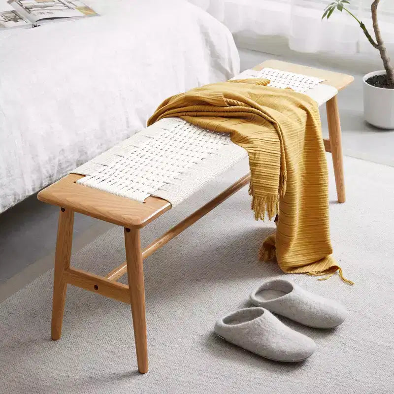 Solid Oak Wood Bench with Handwoven Cane Seat – Dining Room, Bedroom & Entryway
