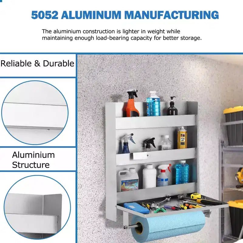5052 Aluminum Storage Cabinet, 3-Tier Wall-Mounted Tool Cabinet with Flip-Out Work Table and Paper Towel Rack
