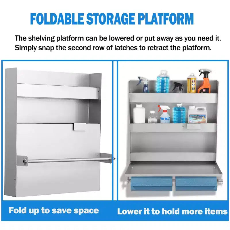 5052 Aluminum Storage Cabinet, 3-Tier Wall-Mounted Tool Cabinet with Flip-Out Work Table and Paper Towel Rack