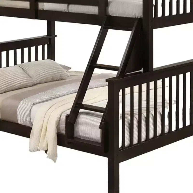 Twin/Full Bunk Bed with Ladder, Slatted, Cherry Brown, Solid Hardwood