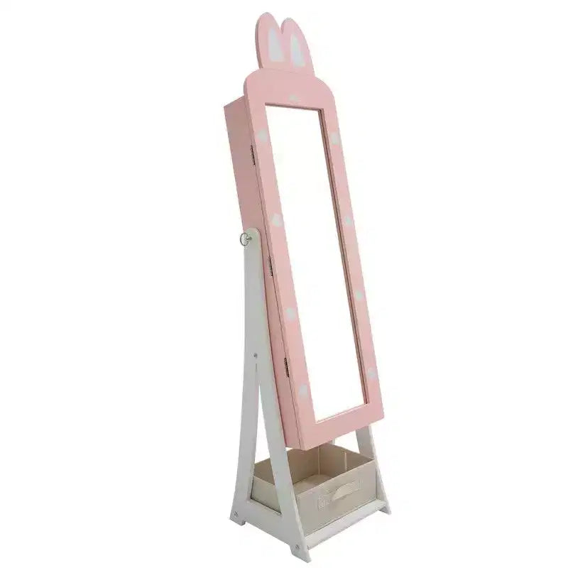 Kids MDF Bunny Jewelry Cabinet with Mirror – Pink, 1 Door & 1 Fabric Drawer