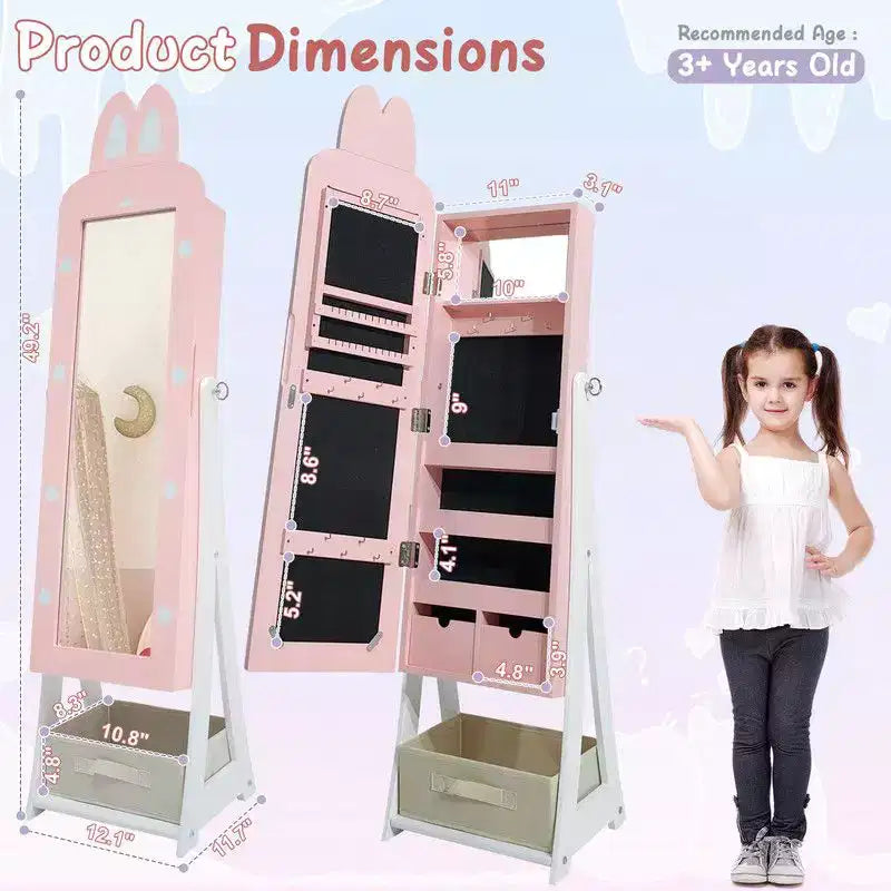 Kids MDF Bunny Jewelry Cabinet with Mirror – Pink, 1 Door & 1 Fabric Drawer