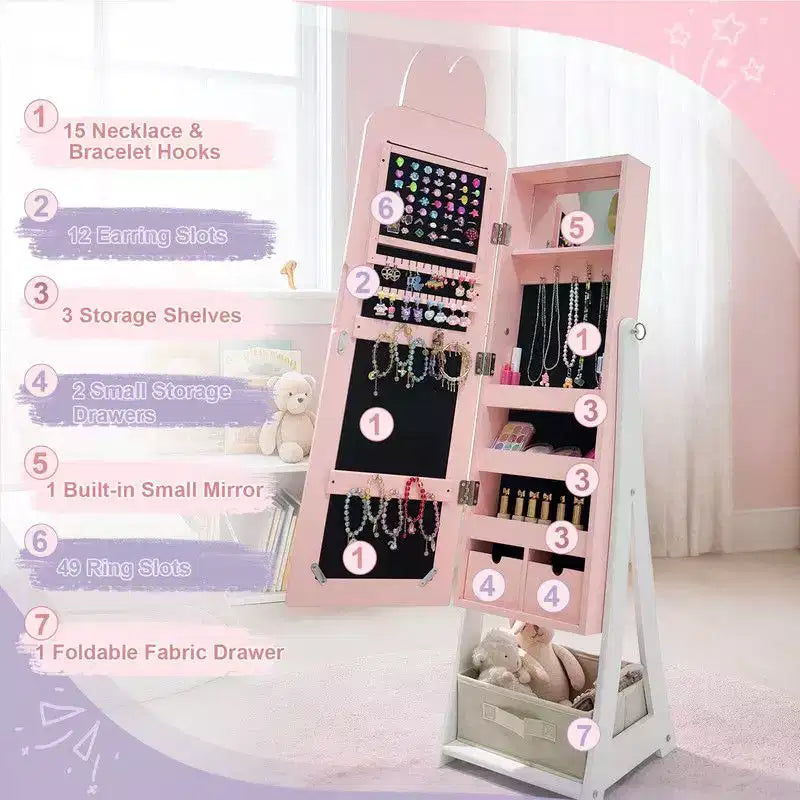 Kids MDF Bunny Jewelry Cabinet with Mirror – Pink, 1 Door & 1 Fabric Drawer