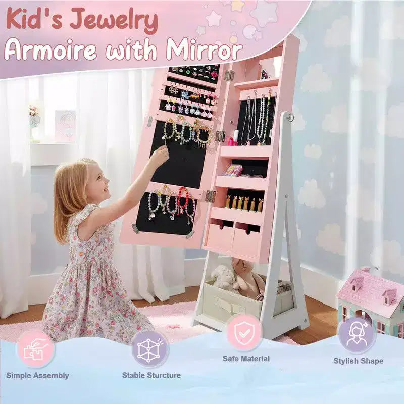 Kids MDF Bunny Jewelry Cabinet with Mirror – Pink, 1 Door & 1 Fabric Drawer