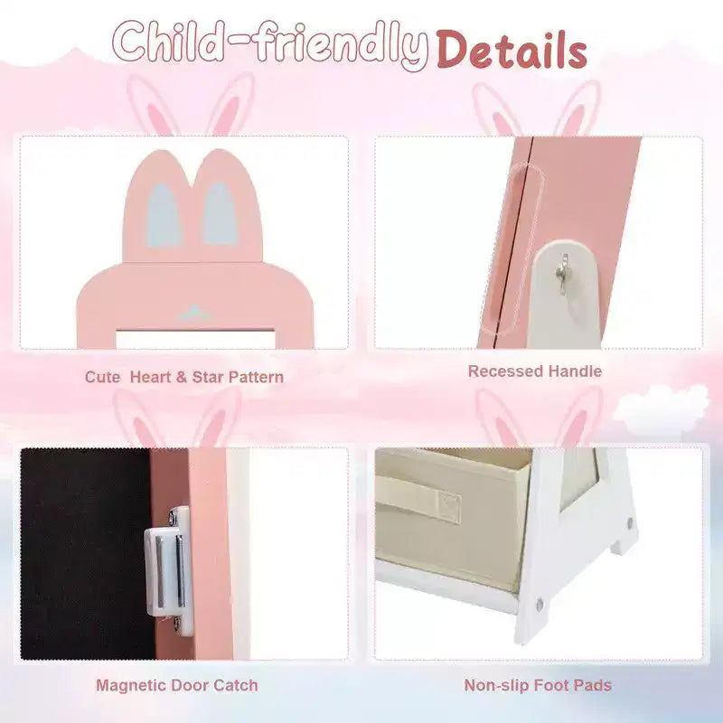 Kids MDF Bunny Jewelry Cabinet with Mirror – Pink, 1 Door & 1 Fabric Drawer