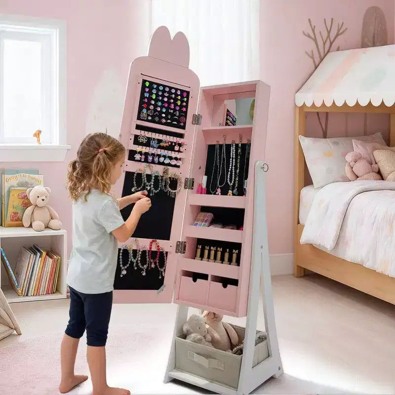 Kids MDF Bunny Jewelry Cabinet with Mirror – Pink, 1 Door & 1 Fabric Drawer