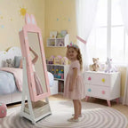 Kids MDF Bunny Jewelry Cabinet with Mirror – Pink, 1 Door & 1 Fabric Drawer