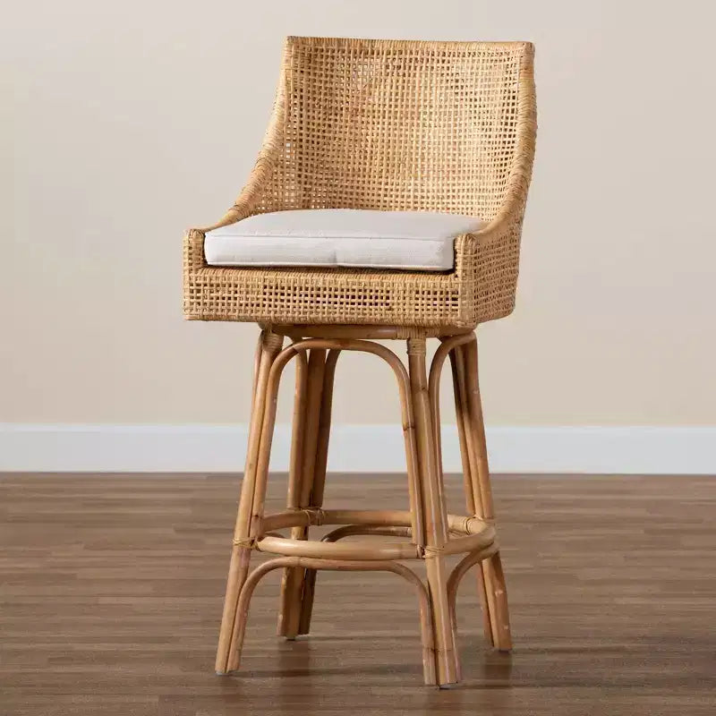 Bohemian Rattan Bar Stool with Cushion – Natural Brown & White