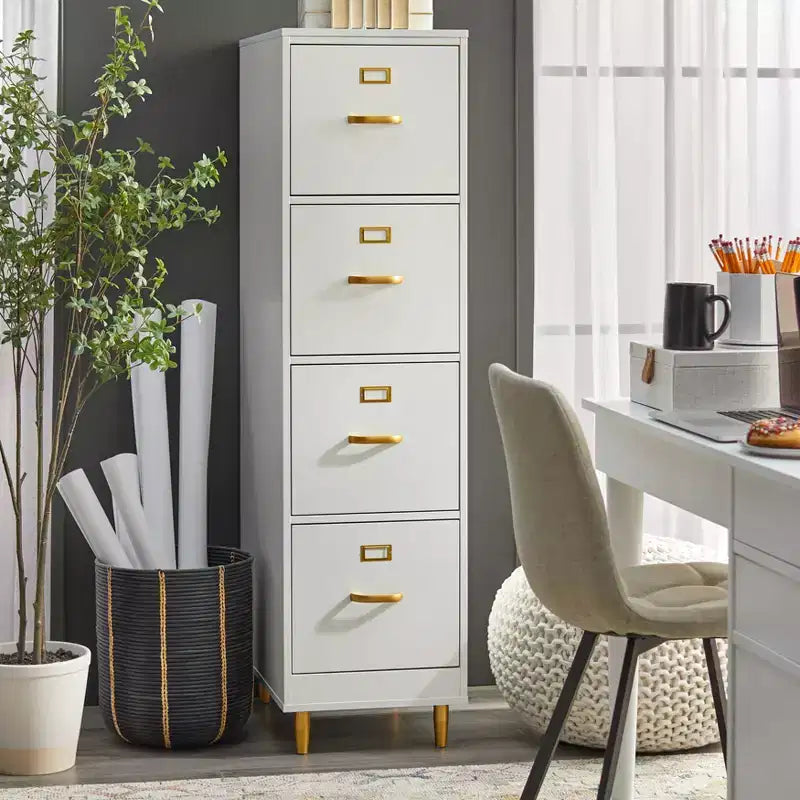 4-Drawer Filing Cabinet – White with Gold-Tone Hardware