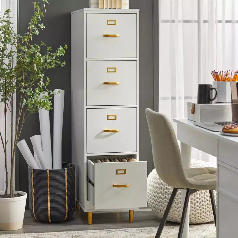 4-Drawer Filing Cabinet – White with Gold-Tone Hardware