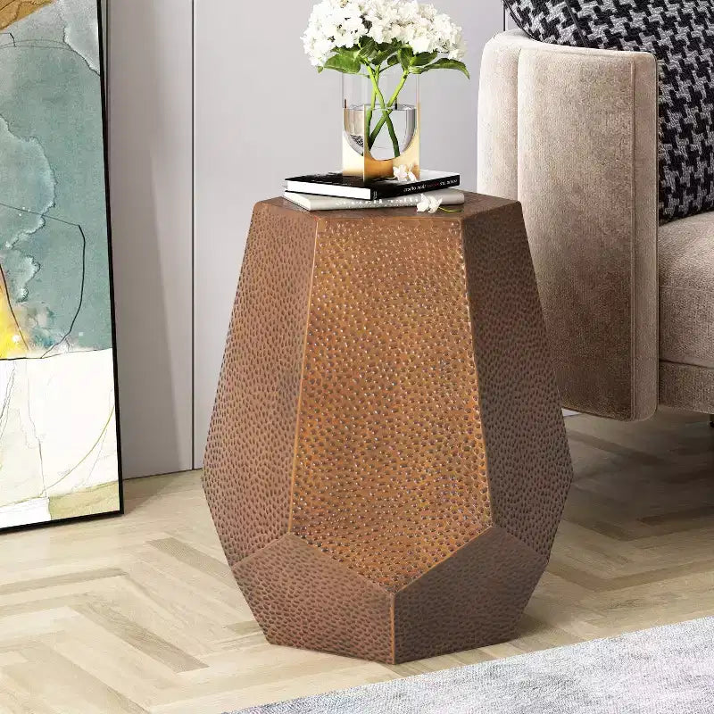 Modern Hammered Iron Geometric Side Table – Brushed Antique Finish