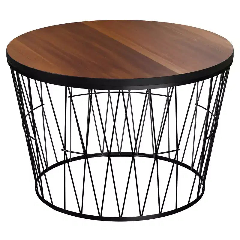 Round Coffee Table with Geometric Metal Base (Brown/Black)