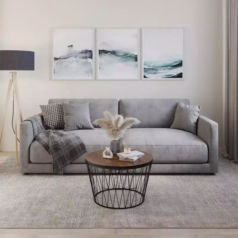 Round Coffee Table with Geometric Metal Base (Brown/Black)