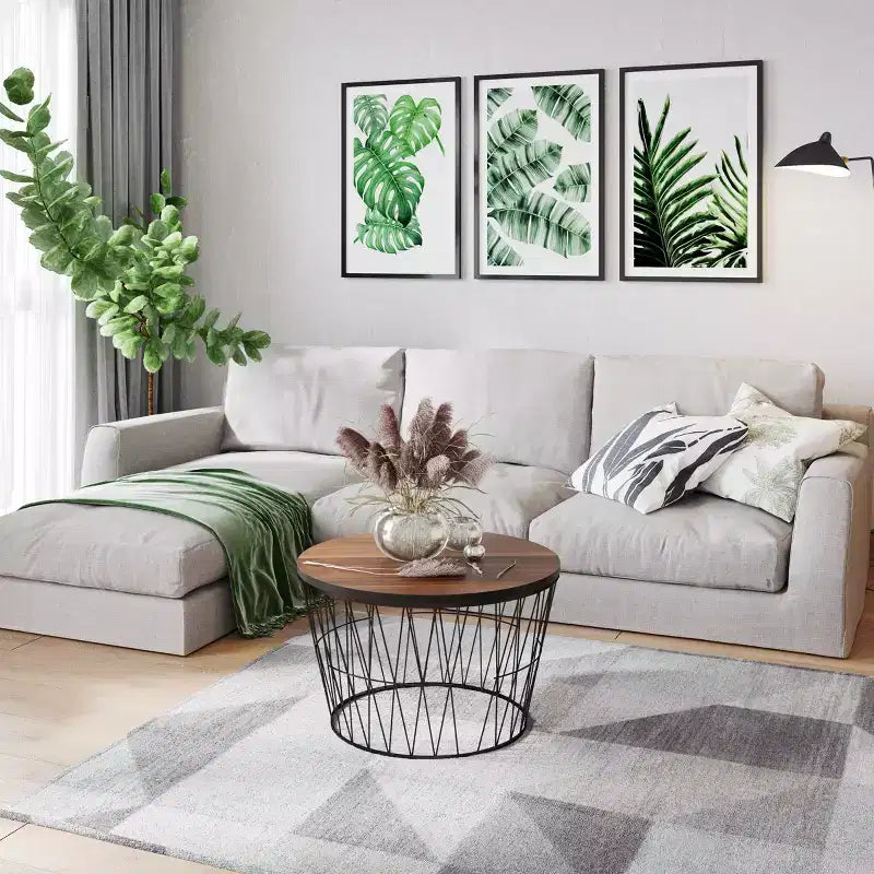 Round Coffee Table with Geometric Metal Base (Brown/Black)