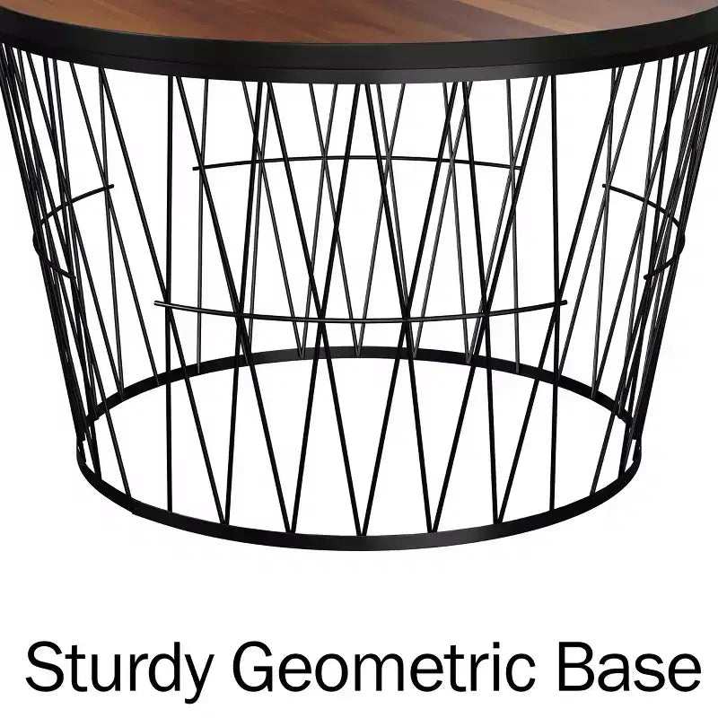 Round Coffee Table with Geometric Metal Base (Brown/Black)