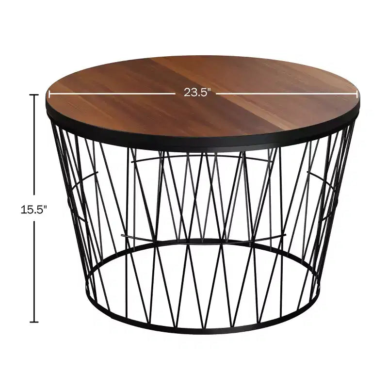 Round Coffee Table with Geometric Metal Base (Brown/Black)