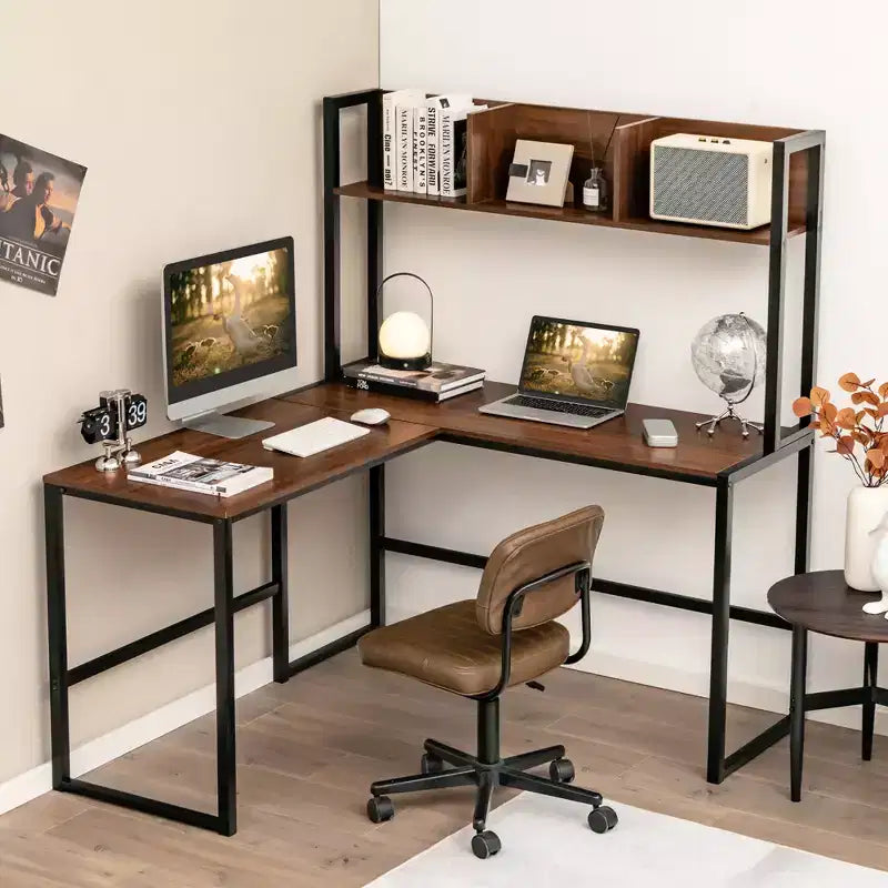 55'' L-Shaped Corner Desk with Open Storage Hutch