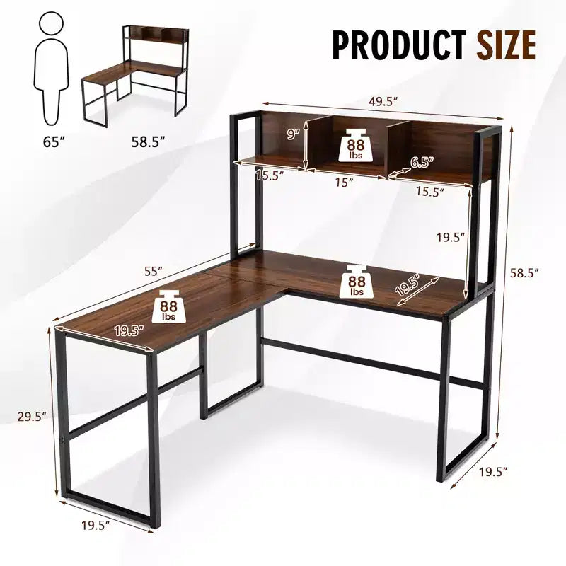 55'' L-Shaped Corner Desk with Open Storage Hutch