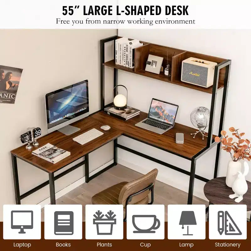55'' L-Shaped Corner Desk with Open Storage Hutch