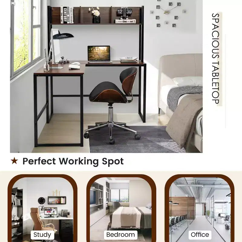 55'' L-Shaped Corner Desk with Open Storage Hutch