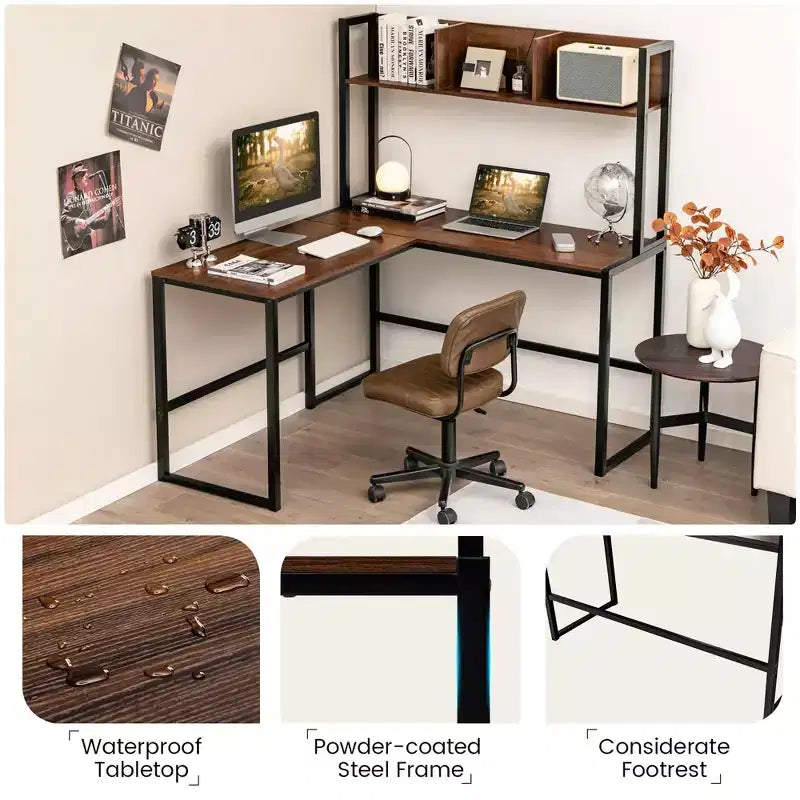 55'' L-Shaped Corner Desk with Open Storage Hutch