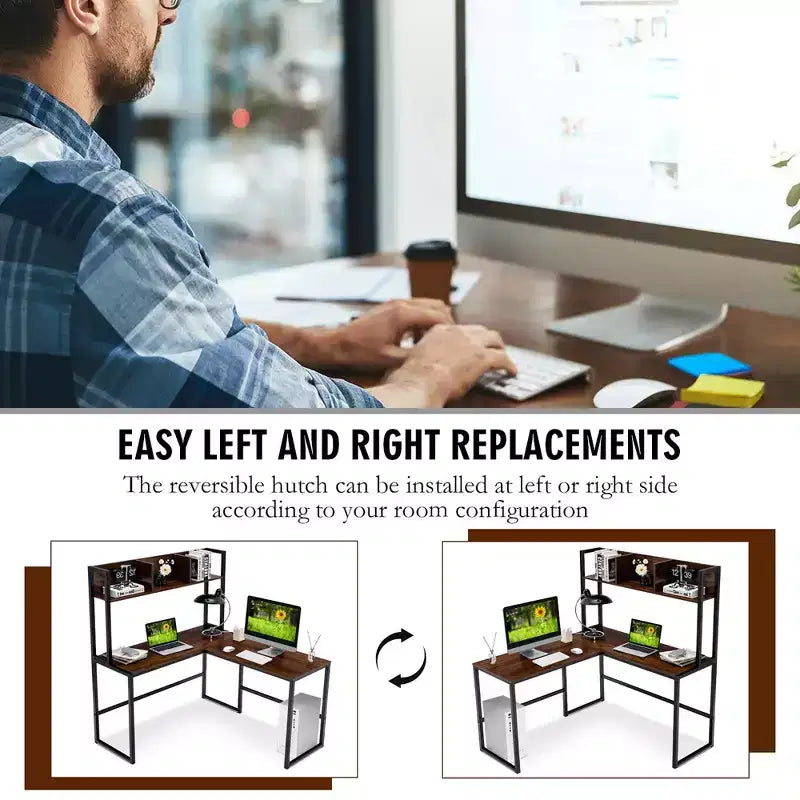 55'' L-Shaped Corner Desk with Open Storage Hutch