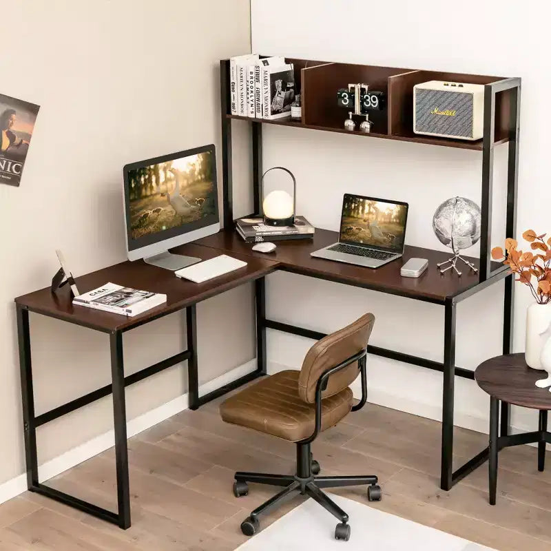 55'' L-Shaped Corner Desk with Open Storage Hutch