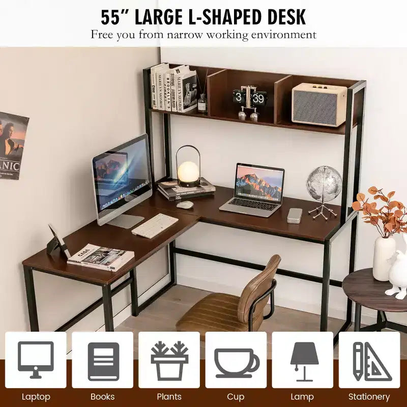 55'' L-Shaped Corner Desk with Open Storage Hutch