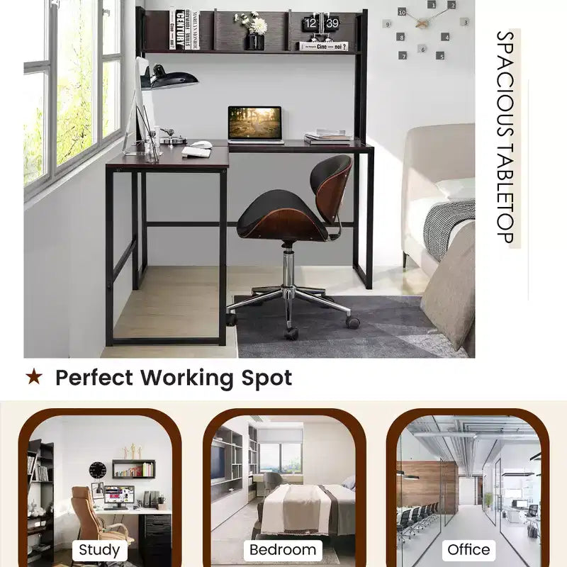55'' L-Shaped Corner Desk with Open Storage Hutch