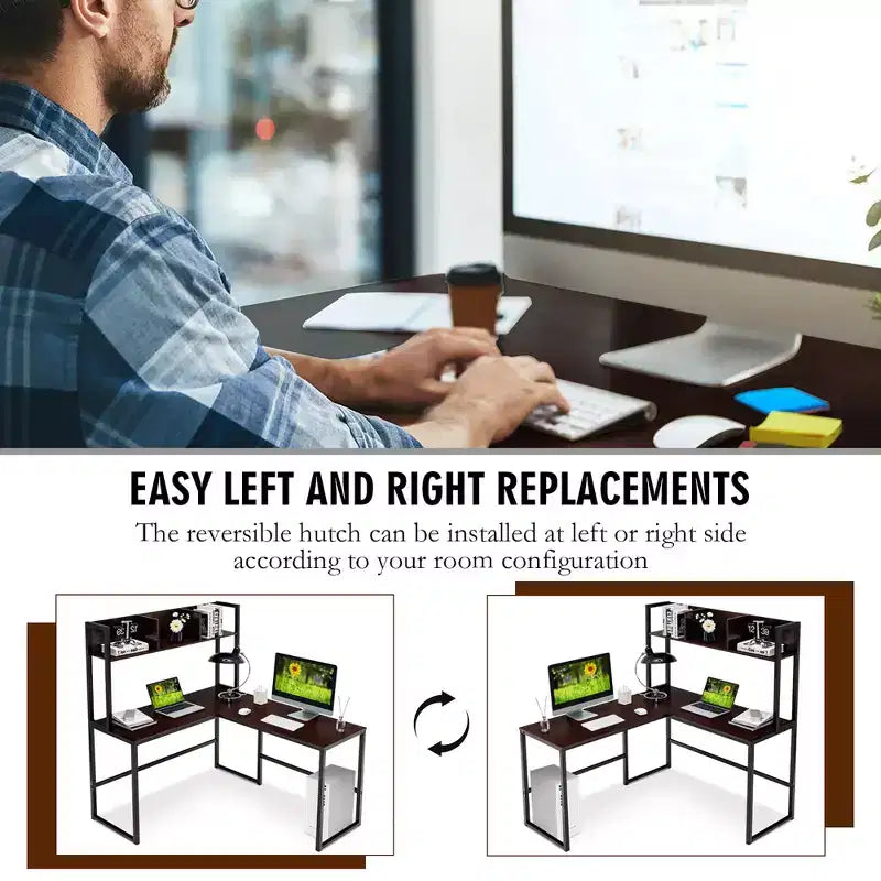55'' L-Shaped Corner Desk with Open Storage Hutch
