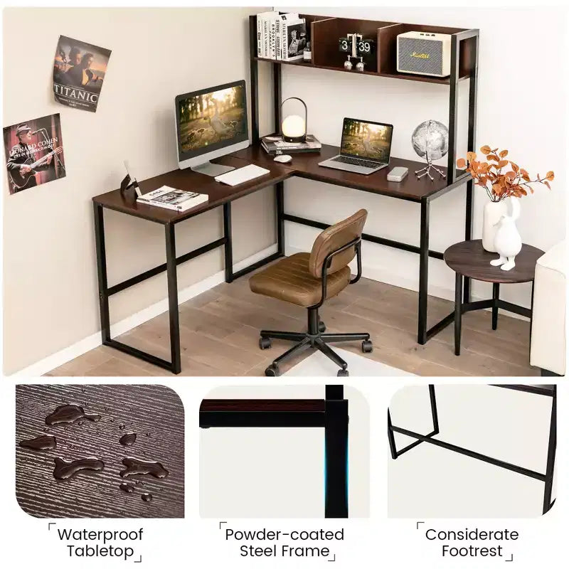 55'' L-Shaped Corner Desk with Open Storage Hutch