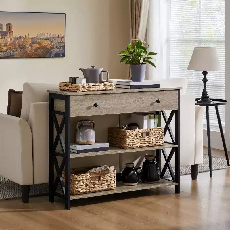 Tavolo consolle vintage con cassetto e ripiani aperti