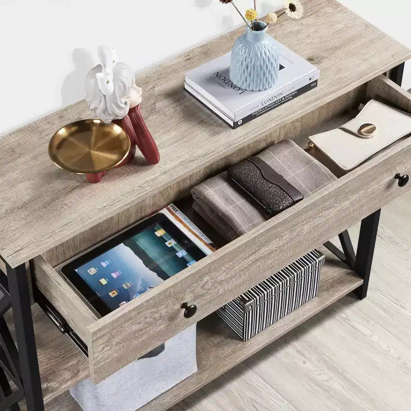 Vintage Console Table with Drawer and Open Shelves