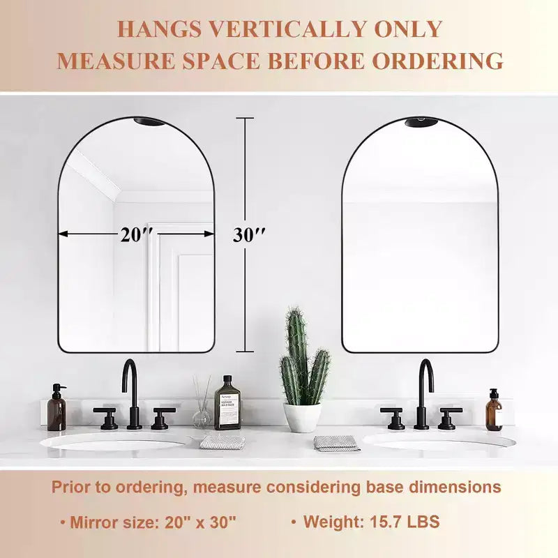 20 x 30 Inch Arched Wall Mirror with Steel Frame, Matte Black