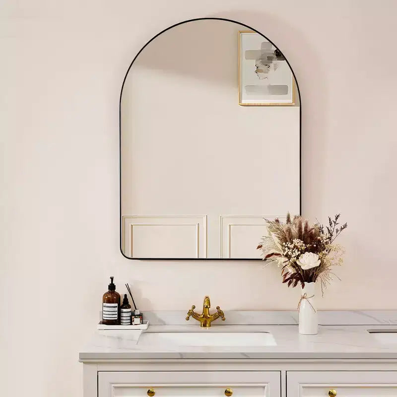 20 x 30 Inch Arched Wall Mirror with Steel Frame, Matte Black