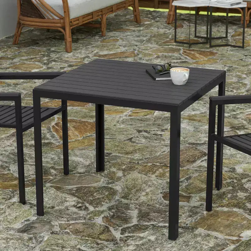 All-Weather Indoor/Outdoor Square Patio Dining Table for 4 with Steel Frame and Poly Resin Slatted Top - Black
