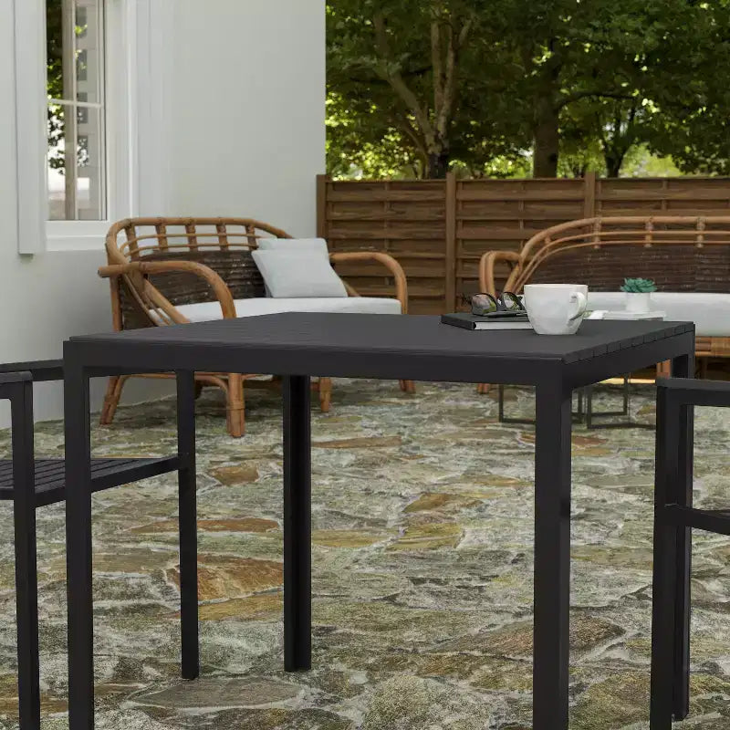 All-Weather Indoor/Outdoor Square Patio Dining Table for 4 with Steel Frame and Poly Resin Slatted Top - Black