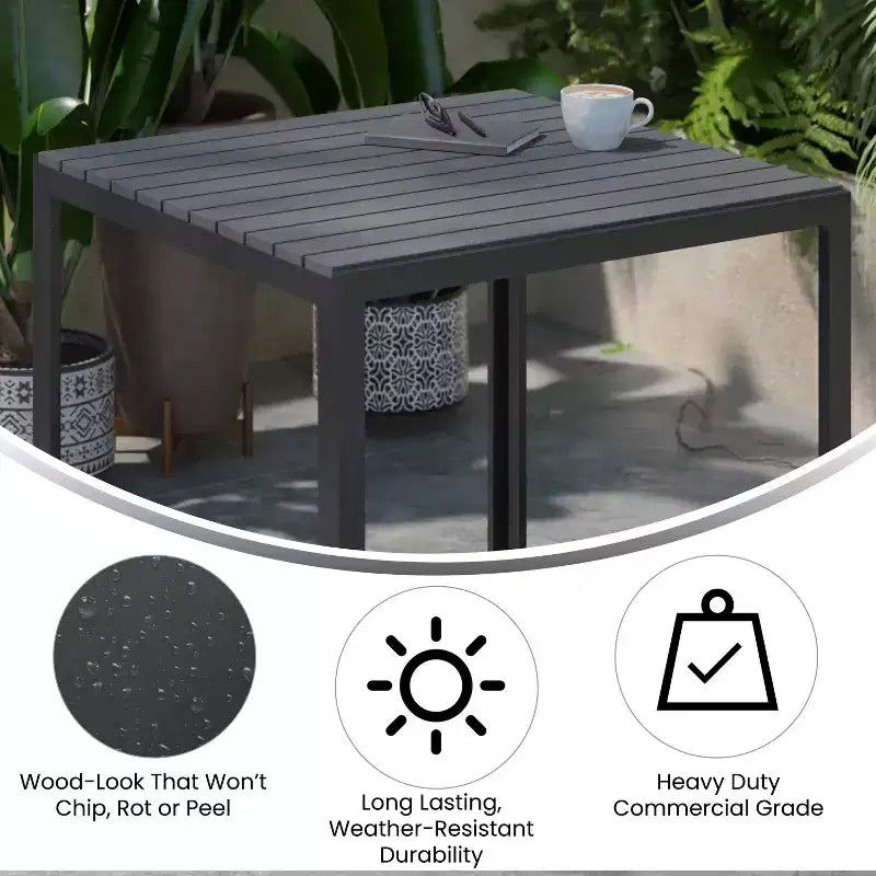 All-Weather Indoor/Outdoor Square Patio Dining Table for 4 with Steel Frame and Poly Resin Slatted Top - Black