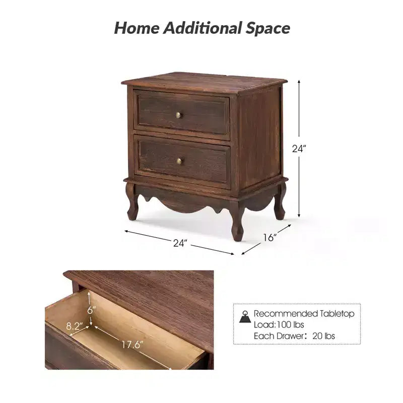 24-Inch 2-Drawer End Table with Charging Station