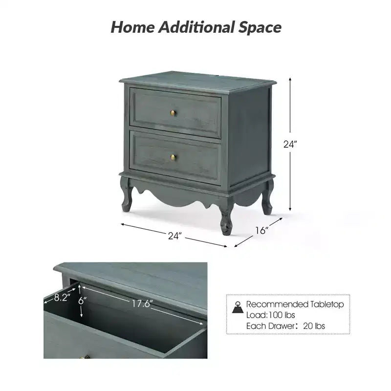 24-Inch 2-Drawer End Table with Charging Station