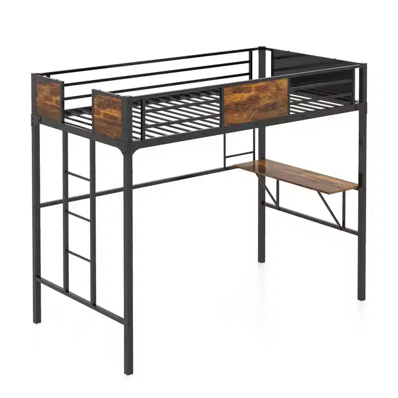 Twin Size Loft Bed with Desk, Shelf, Safety Guardrail and Ladder