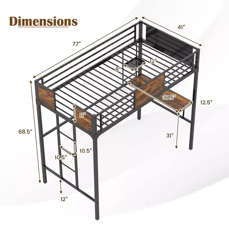 Twin Size Loft Bed with Desk, Shelf, Safety Guardrail and Ladder
