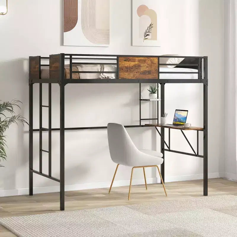 Twin Size Loft Bed with Desk, Shelf, Safety Guardrail and Ladder