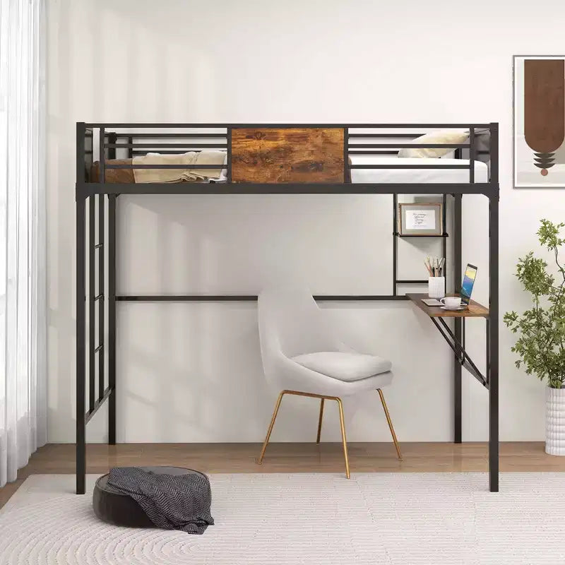 Twin Size Loft Bed with Desk, Shelf, Safety Guardrail and Ladder