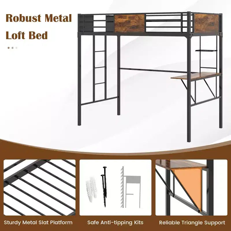 Twin Size Loft Bed with Desk, Shelf, Safety Guardrail and Ladder