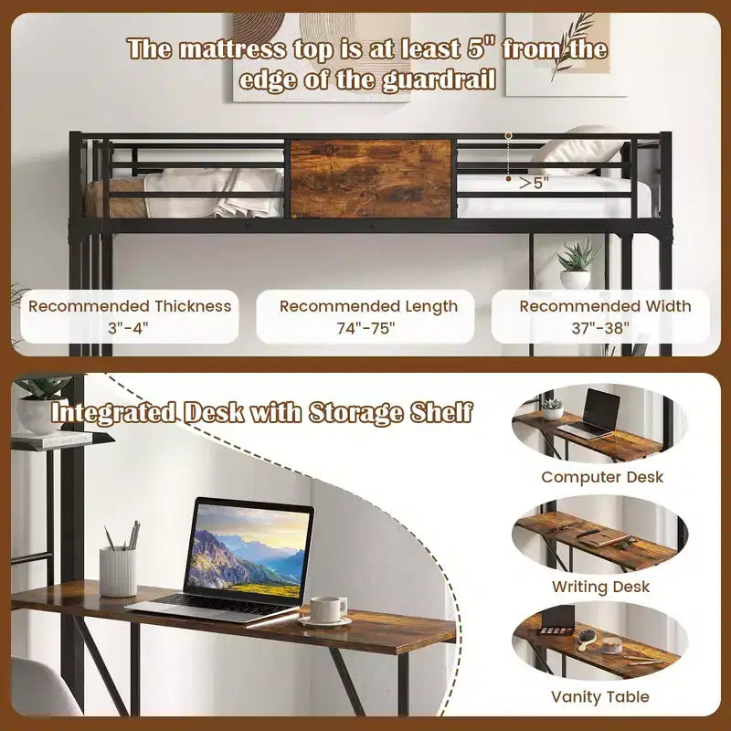 Twin Size Loft Bed with Desk, Shelf, Safety Guardrail and Ladder