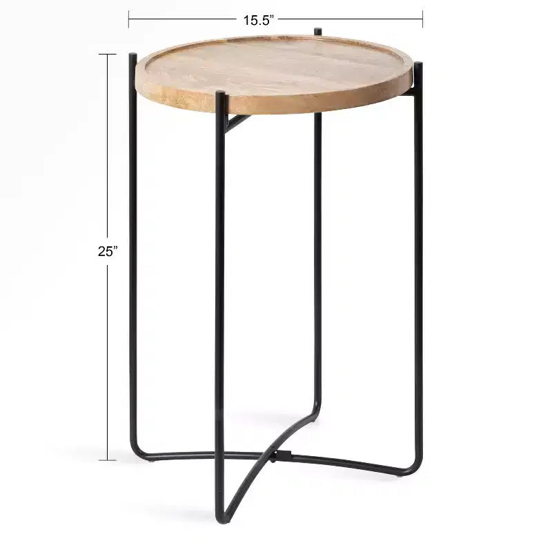 Round Wood Top Metal Frame Side Table, 16x16x25, Brown